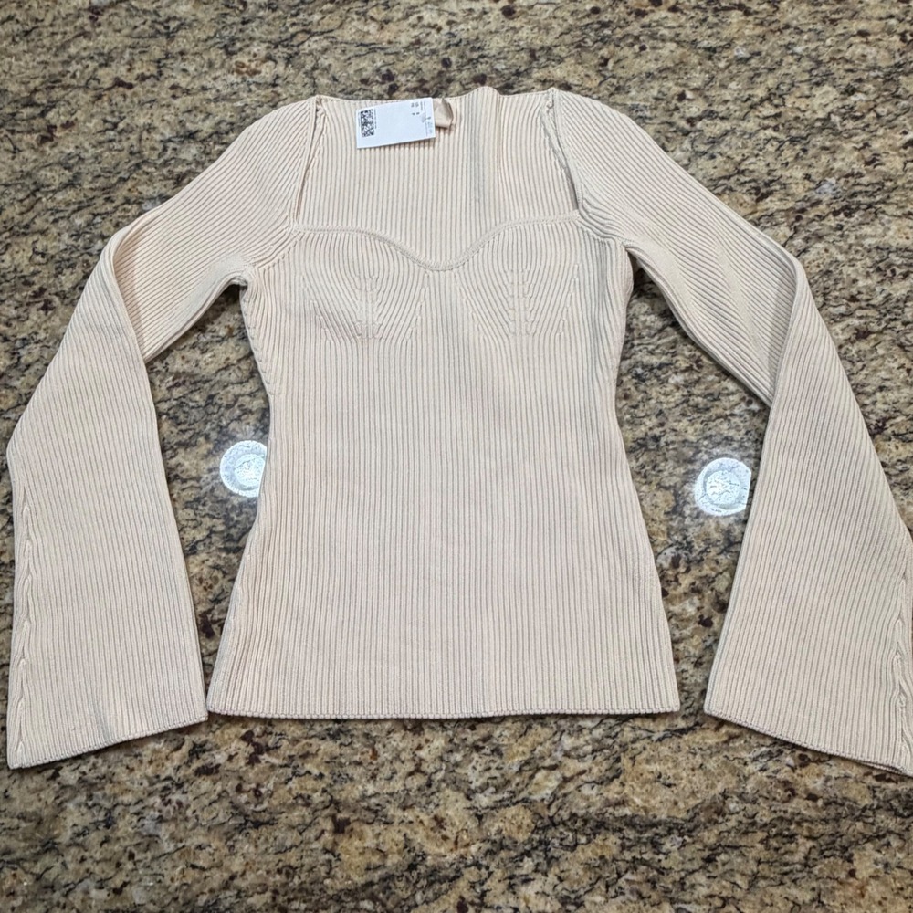 NEW H&M Ribbed Sweetheart Neckline Long Sleeve Knit Sweater Cream Beige S ws